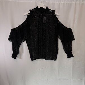Maje NWT Black & Gold Sheer Cold Shoulder Top Sz 0 MSRP $413